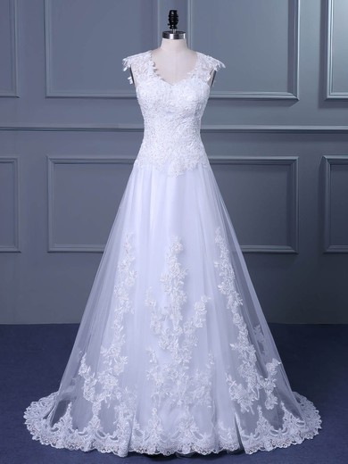 Tulle V-neck Princess Sweep Train with Appliques Lace Wedding Dresses #UKM00023047