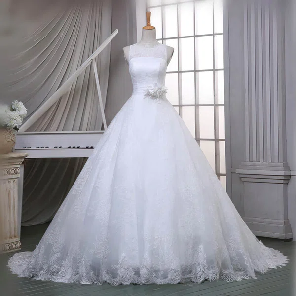 Lace Scoop Neck Ball Gown Sweep Train with Sashes / Ribbons Wedding Dresses #UKM00023051