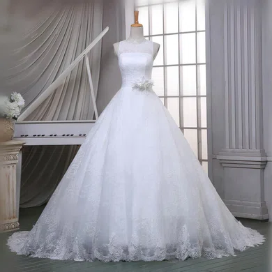 Ball Gown/Princess Illusion Lace Sweep Train Wedding Dresses With Sashes / Ribbons #UKM00023051