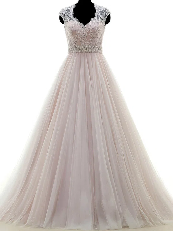 Tulle V-neck Ball Gown Sweep Train with Appliques Lace Wedding Dresses #UKM00023053