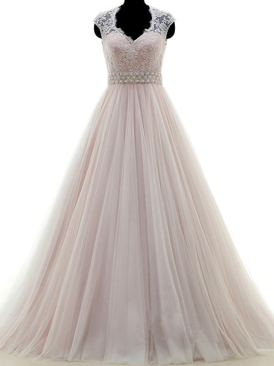 Ball Gown V-neck Tulle Sweep Train Wedding Dresses With Appliques Lace #UKM00023053