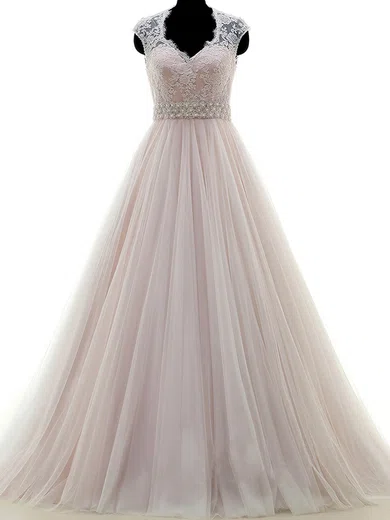 Ball Gown/Princess V-neck Tulle Sweep Train Wedding Dresses With Appliques Lace #UKM00023053