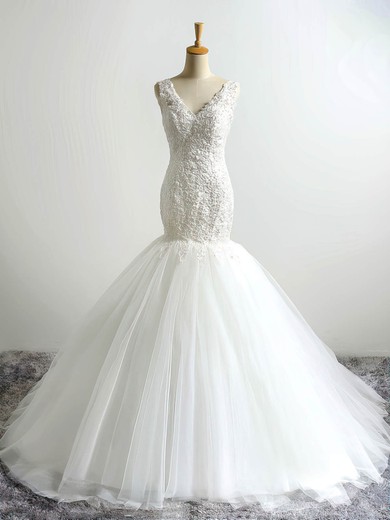 Trumpet/Mermaid V-neck Tulle Court Train Wedding Dresses With Appliques Lace #UKM00023054