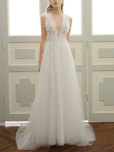 A-line V-neck Tulle Sweep Train Wedding Dresses With Lace #UKM00023057