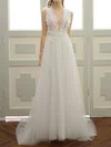 A-line V-neck Tulle Sweep Train Wedding Dresses With Lace #UKM00023057