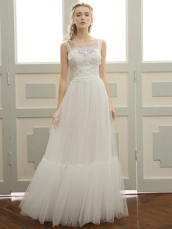A-line Illusion Tulle Floor-length Wedding Dresses With Appliques Lace #UKM00023058