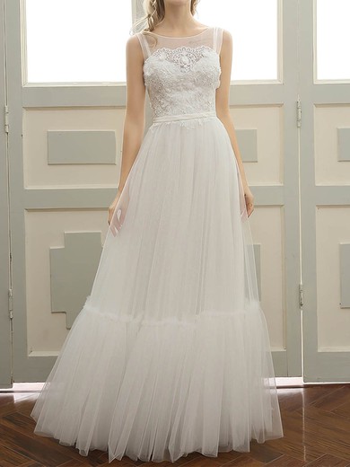 A-line Illusion Tulle Floor-length Wedding Dresses With Appliques Lace #UKM00023058