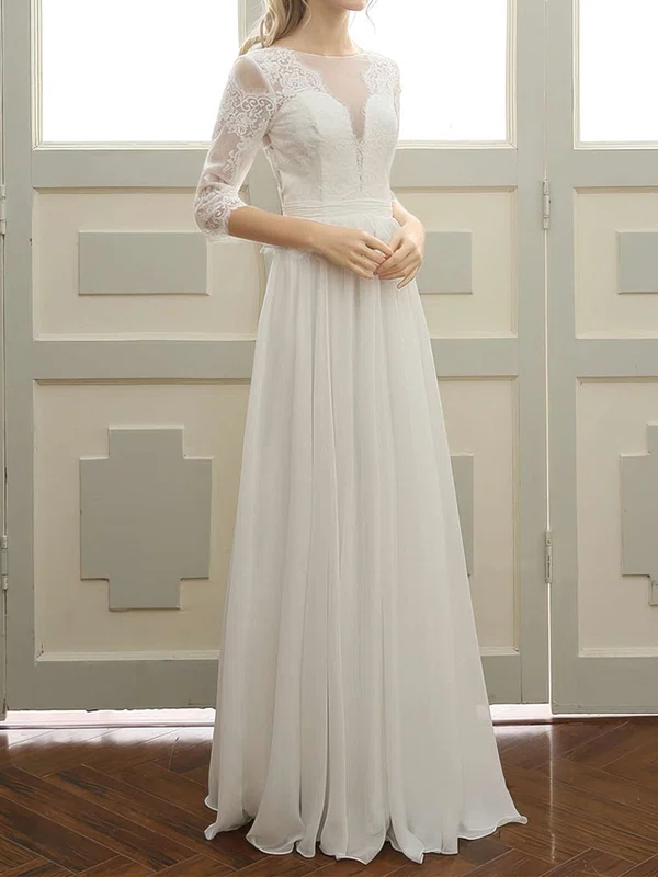 A-line Illusion Chiffon Floor-length Wedding Dresses With Appliques Lace #UKM00023059