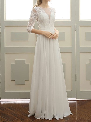 A-line Illusion Chiffon Floor-length Wedding Dresses With Appliques Lace #UKM00023059