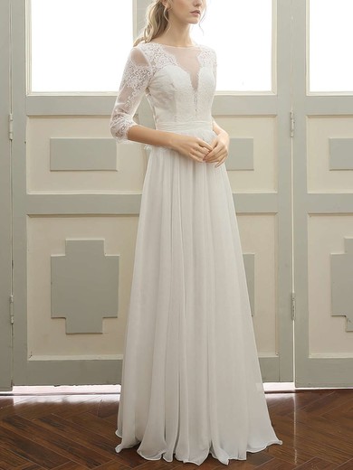 A-line Illusion Chiffon Floor-length Wedding Dresses With Appliques Lace #UKM00023059