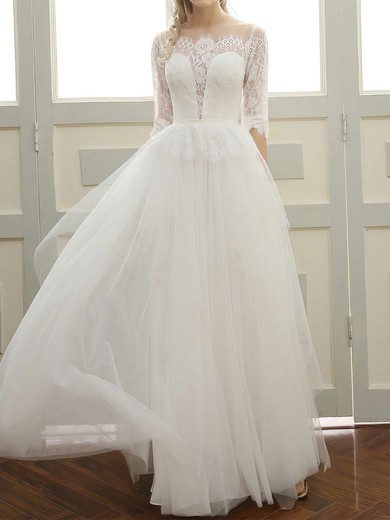 A-line Illusion Tulle Floor-length Wedding Dresses With Appliques Lace #UKM00023060