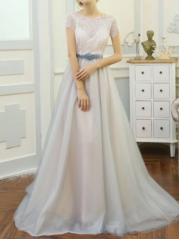 Ball Gown Illusion Tulle Lace Sweep Train Wedding Dresses With Sashes / Ribbons #UKM00023061