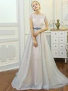 Ball Gown Illusion Tulle Lace Sweep Train Wedding Dresses With Sashes / Ribbons #UKM00023061