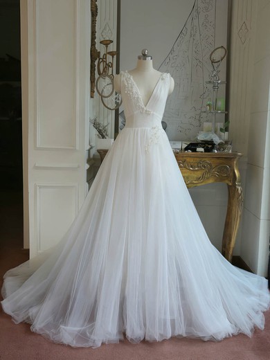 Ball Gown V-neck Tulle Sweep Train Wedding Dresses With Appliques Lace #UKM00023062