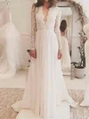 A-line V-neck Tulle Chiffon Sweep Train Wedding Dresses #UKM00023063