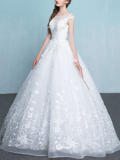 Organza Scoop Neck Ball Gown Floor-length with Appliques Lace Wedding Dresses #UKM00023065