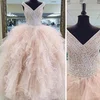 Ball Gown V-neck Tulle Floor-length Wedding Dresses With Cascading Ruffles #UKM00023066