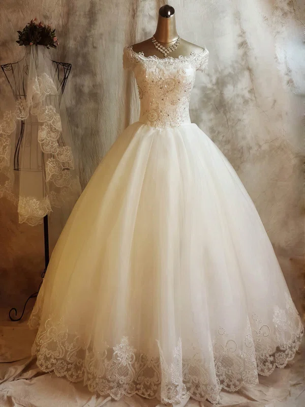 Ball Gown Off-the-shoulder Tulle Floor-length Wedding Dresses With Beading #UKM00023068