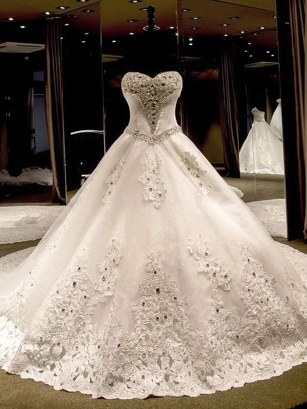 Ball Gown Sweetheart Tulle Cathedral Train Wedding Dresses With Appliques Lace #UKM00023069