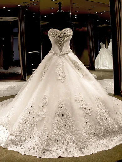 Ball Gown Sweetheart Tulle Cathedral Train Wedding Dresses With Appliques Lace