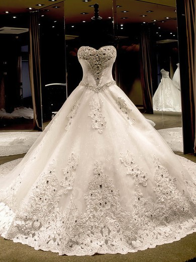 Tulle Sweetheart Ball Gown Cathedral Train with Appliques Lace Wedding Dresses #UKM00023069