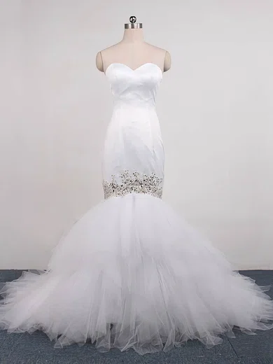 Trumpet/Mermaid Sweetheart Tulle Sweep Train Wedding Dresses With Beading #UKM00023071