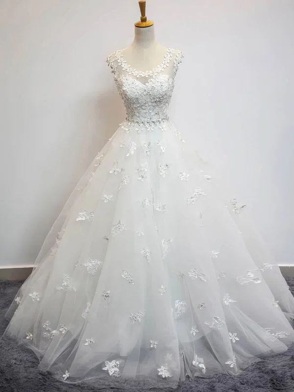 Ball Gown Illusion Tulle Floor-length Wedding Dresses With Beading #UKM00023072