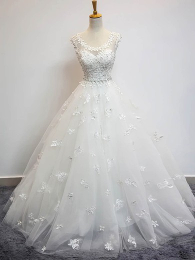 Tulle Scoop Neck Ball Gown Floor-length with Beading Wedding Dresses #UKM00023072