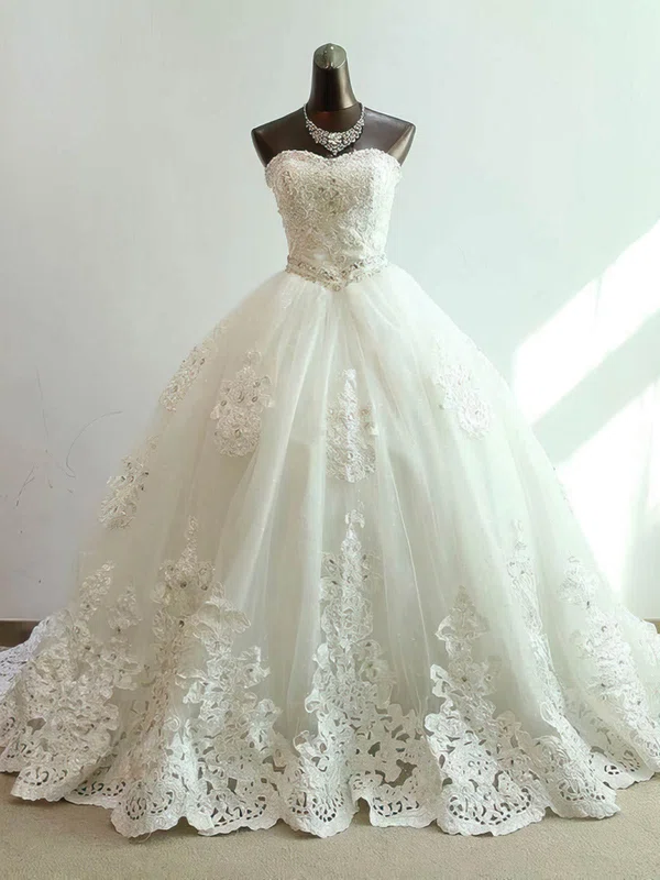 Ball Gown Sweetheart Tulle Chapel Train Wedding Dresses With Beading #UKM00023073
