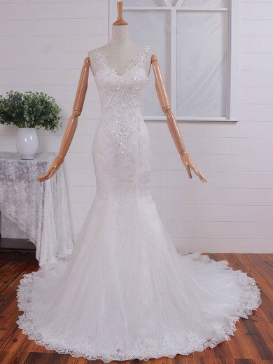 Trumpet/Mermaid V-neck Lace Tulle Court Train Wedding Dresses With Appliques Lace #UKM00023074