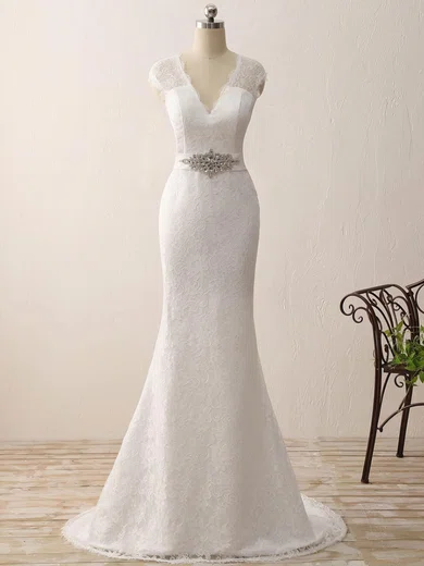 Trumpet/Mermaid V-neck Lace Sweep Train Wedding Dresses With Sashes / Ribbons #UKM00023075
