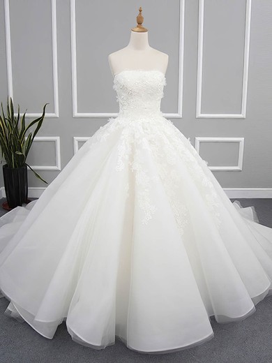 Organza Tulle Strapless Ball Gown Chapel Train with Appliques Lace Wedding Dresses #UKM00023078
