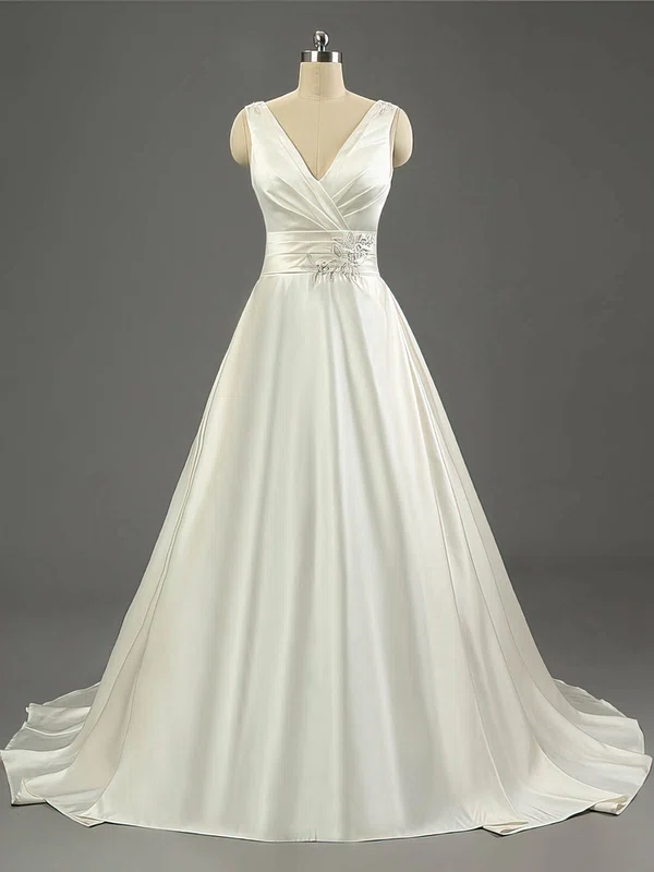 Ball Gown V-neck Satin Sweep Train Wedding Dresses With Sequins #UKM00023079