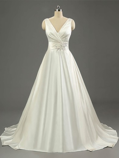 Satin V-neck Ball Gown Sweep Train with Ruffles Wedding Dresses #UKM00023079