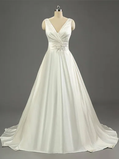 Ball Gown/Princess V-neck Satin Sweep Train Wedding Dresses With Sequins #UKM00023079