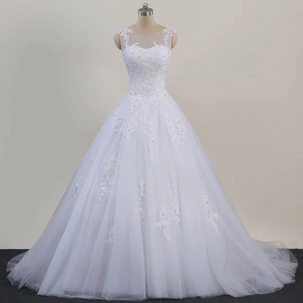 Ball Gown Illusion Tulle Sweep Train Wedding Dresses With Beading #UKM00023081