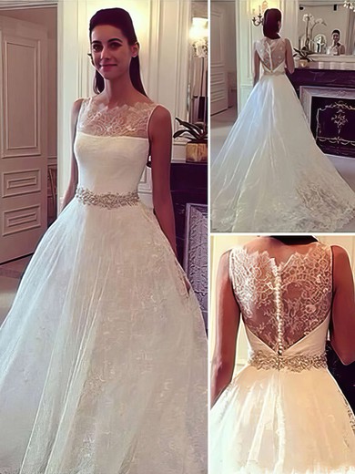Ball Gown Illusion Lace Sweep Train Wedding Dresses With Sashes / Ribbons #UKM00023084