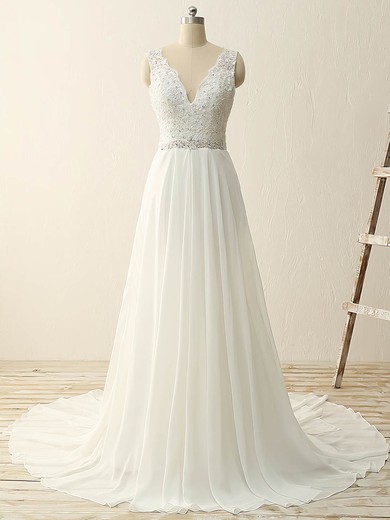 A-line V-neck Chiffon Sweep Train Wedding Dresses With Appliques Lace #UKM00023086