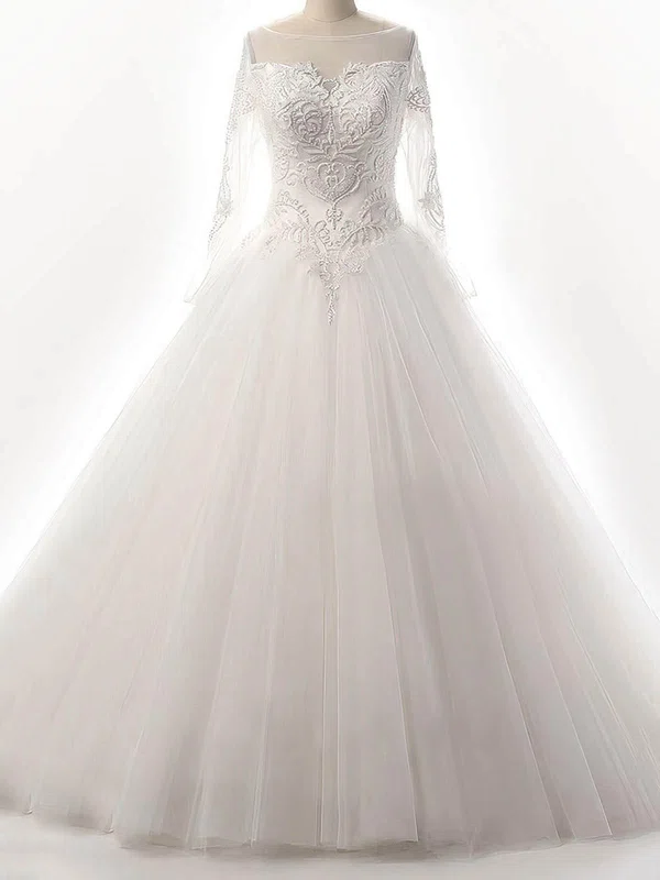 Ball Gown Illusion Tulle Floor-length Wedding Dresses With Beading #UKM00023087
