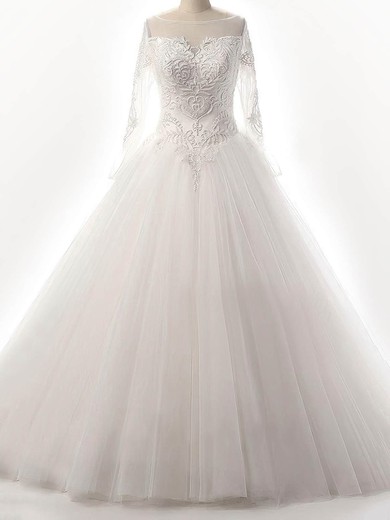 Tulle Scoop Neck Ball Gown Floor-length with Beading Wedding Dresses #UKM00023087