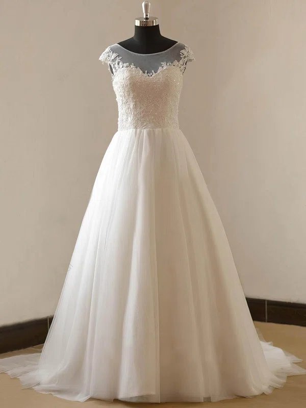 Ball Gown Illusion Tulle Sweep Train Wedding Dresses With Appliques Lace #UKM00023088