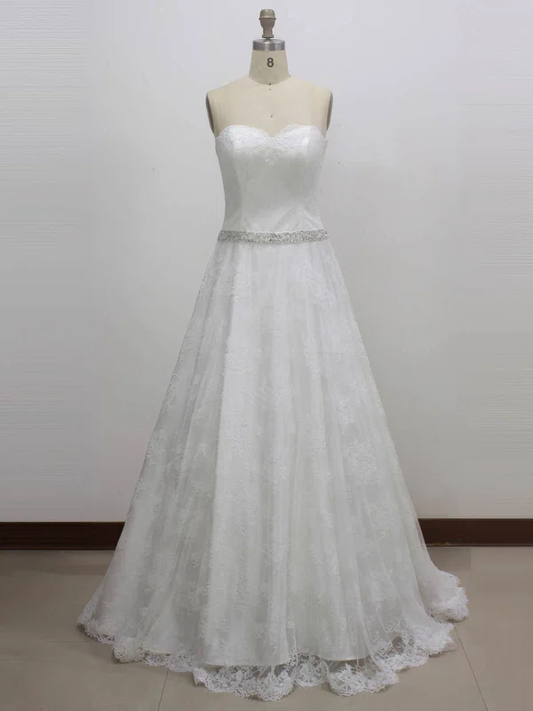 Ball Gown Sweetheart Lace Sweep Train Wedding Dresses With Sashes / Ribbons #UKM00023003