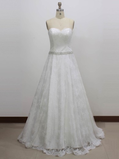 Ball Gown Sweetheart Lace Sweep Train Wedding Dresses With Sashes / Ribbons #UKM00023003