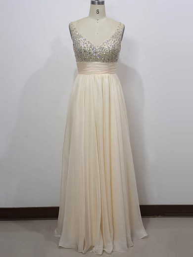 A-line V-neck Chiffon Floor-length Crystal Detailing Prom Dresses #UKM020104335