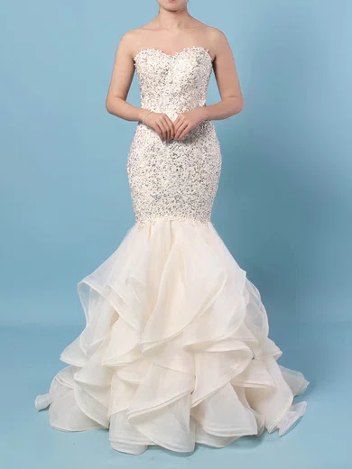 Mermaid Strapless Tulle Ruffle Tiered Prom Dresses With Beading #UKM020104547