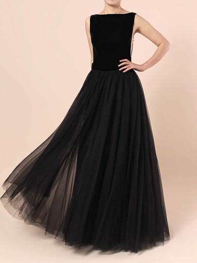 Ball Gown Scoop Neck Tulle Velvet Floor-length Sashes / Ribbons Prom Dresses #UKM020104548