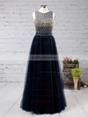 Princess Scoop Neck Tulle Floor-length Beading Prom Dresses #UKM020104551