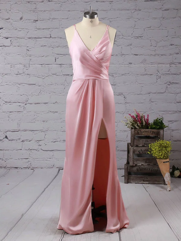 Trumpet/Mermaid V-neck Silk-like Satin Floor-length Split Front Prom Dresses #UKM020104553