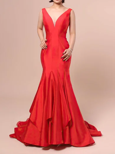 Red Mermaid V-neck Backless Taffeta Prom Dresses #UKM020104556
