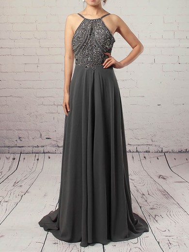 A-line Scoop Neck Chiffon Sweep Train Beading Prom Dresses #UKM020104558